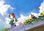  apron blush brown_eyes brown_hair bug butterfly flower head_scarf insect kannasetsuna long_hair looking_at_viewer original smile solo watering_can 