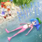  2girls blue_eyes blue_hair hair_bobbles hair_ornament hat horns ibuki_suika kawashiro_nitori key lying morioka_itari multiple_girls o_o on_back partially_submerged river touhou translation_request two_side_up water 