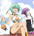  :o amata_sora aqua_hair aquarion_(series) aquarion_evol blue_eyes breasts cellphone_charm cleavage_cutout cloud crossed_legs day from_behind large_breasts looking_back midriff mikono_suzushiro multiple_girls open_mouth purple_eyes purple_hair short_hair sitting sky tatami_(loop) zessica_wong 