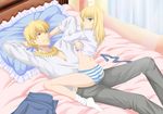  1girl absurdres ahoge artoria_pendragon_(all) bed blonde_hair bracelet couple fate/zero fate_(series) gilgamesh girl_on_top green_eyes hair_down hetero highres jewelry katze_(776642) long_hair necklace on_bed panties pillow red_eyes saber shirt_lift striped striped_panties underwear undressing 