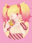  blonde_hair blush doughnut face food french_cruller gradient_hair holding jojon looking_at_viewer mister_donut multicolored_hair nail_polish one_eye_closed personification pink_background pink_eyes pink_hair pink_nails pinky_out short_hair solo strawberry_whip_french striped tongue twintails upper_body 