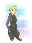 ahoge artoria_pendragon_(all) blonde_hair blush crossdressing fate/zero fate_(series) formal hand_in_pocket hand_on_own_knee pant_suit pants ponytail saber shirt solo suit vest 