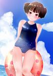  brown_hair highres innertube k-on! one-piece_swimsuit red_eyes school_swimsuit short_hair short_twintails suzuki_jun swimsuit tateshina twintails 