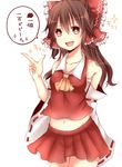  1girl bow brown_eyes detached_sleeves fang hair_bow hair_tubes hakurei_reimu long_hair midriff navel open_mouth pointing red_eyes skirt solo touhou translation_request white_background yamasuta 