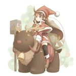  :&lt; ahoge bell boots brown_eyes brown_hair capelet christmas hair_ornament hairclip hat kiddie_ride long_hair nabana original parking_meter red_capelet reindeer riding sack santa_costume santa_hat solo thigh_boots thighhighs 