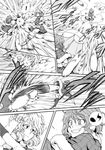  2girls battle blocking capelet coat comic danmaku doujinshi earmuffs eighth_note fur_trim greyscale grin hat highres kazami_yuuka kicking letty_whiterock mokku monochrome multiple_girls musical_note parasol plaid short_hair smile snow speech_bubble spoken_musical_note touhou umbrella 