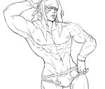  abs alex_(street_fighter) armpits bb_(baalbuddy) briefs bulge fingerless_gloves flexing gloves greyscale headband long_hair male_focus manly monochrome muscle navel non-web_source pose scar shirtless street_fighter street_fighter_iii_(series) underwear underwear_only 