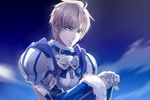  armor arthur_pendragon_(fate) bad_id bad_pixiv_id blonde_hair blue blue_background blue_eyes fate/prototype fate_(series) hands_on_hilt male_focus solo sword tekla weapon 