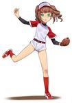  :o a1 baseball baseball_cap baseball_jersey baseball_mitt baseball_uniform belt brown_hair full_body green_eyes hat idolmaster idolmaster_(classic) leg_lift looking_at_viewer outstretched_arms pitching playing_sports raglan_sleeves red_legwear shoes shorts simple_background socks solo sport sportswear spread_arms spread_legs standing standing_on_one_leg takatsuki_yayoi twintails white_background 