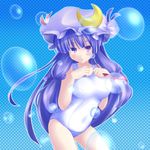  bad_id bad_pixiv_id blue_hair blush breasts bubble crescent hat large_breasts long_hair one-piece_swimsuit patchouli_knowledge purple_eyes sabino_itaru school_swimsuit solo swimsuit touhou white_school_swimsuit white_swimsuit 