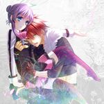  1girl aquarion_(series) aquarion_evol bad_id bad_pixiv_id bow breast_grab carrying couple fingerless_gloves gloves grabbing green_eyes hair_bun hair_ornament hetero kagura_demuri mikono_suzushiro princess_carry purple_hair purple_legwear red_hair short_hair skirt thighhighs yamika yellow_eyes 