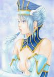  bare_shoulders blue blue_eyes blue_hair blue_rose_(tiger_&amp;_bunny) breasts cleavage colored_pencil_(medium) crystal_earrings earrings elbow_gloves gloves hat jewelry juliejulie karina_lyle lipstick makeup marker_(medium) medium_breasts short_hair solo superhero tiger_&amp;_bunny traditional_media transparent_breasts_pads 