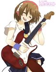  blush closed_eyes electric_guitar guitar instrument kanipanda meiko open_mouth short_hair simple_background skirt smile solo thighhighs translated vocaloid white_background younger 