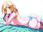  ass bed_sheet blonde_hair breasts brown_eyes large_breasts long_hair looking_at_viewer mahou_shoujo_madoka_magica miuku_(marine_sapphire) panties pinstripe_pattern smile solo striped striped_legwear sunlight sweat thighhighs thong tomoe_mami topless underwear 