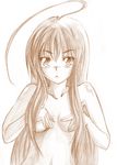  ahoge blush breasts collarbone covering covering_breasts hair_over_breasts haiyore!_nyaruko-san highres long_hair monochrome navel nude nyarlathotep_(nyaruko-san) ryuc4883 small_breasts traditional_media 