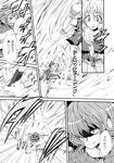  battle coat comic doujinshi duel earmuffs greyscale hat highres kazami_yuuka letty_whiterock mokku monochrome multiple_girls open_mouth parasol plaid short_hair snow tongue tongue_out touhou translated umbrella 