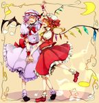  :d ^_^ ascot bad_id bad_pixiv_id bat_wings blonde_hair bobby_socks bow brooch closed_eyes crescent dancing dress flandre_scarlet happy hat hat_ribbon highres holding_hands jewelry multiple_girls musical_note nozaki_tsubata open_mouth purple_hair remilia_scarlet ribbon siblings side_ponytail sisters skirt skirt_set smile socks touhou wings wrist_cuffs 