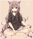  animal_ears bad_feet brown_eyes brown_hair collarbone highres indian_style long_hair looking_at_viewer original shorts sitting smile solo very_long_hair yamasuta 