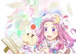  :d book bow crescent doseisan hair_bow hat holding holding_book kouzilow long_hair mother_(game) open_book open_mouth paper patchouli_knowledge purple_eyes purple_hair smile solo touhou 