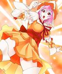  adapted_costume alternate_costume boots breasts choker cleavage cosplay cure_sunny cure_sunny_(cosplay) detached_sleeves eyelashes hat highres hissa_yossa large_breasts magical_girl obi open_mouth orange_(color) orange_skirt pink_hair precure red_eyes saigyouji_yuyuko sash short_hair skirt smile_precure! solo standing thigh_boots thighhighs touhou triangular_headpiece white_legwear 