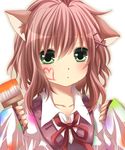  animal_ears blush cat_ears face green_eyes hair_ornament heart looking_at_viewer original paint_stains paintbrush pink_hair portrait solo trim_brush upper_body white_background yamasuta 