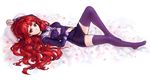  breasts elaizy himuro_akari long_hair lying medium_breasts miniskirt night_wizard on_back purple_legwear red_eyes red_hair ringed_eyes school_uniform skirt solo thighhighs wavy_hair zettai_ryouiki 