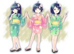  :&lt; araragi_tsukihi bad_id bad_pixiv_id black_hair esgkjj fried_egg hair_ornament japanese_clothes kimono monogatari_(series) multiple_persona nisemonogatari siblings smile younger 