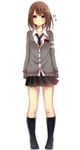  black_legwear blush brown_eyes brown_hair cardigan hair_ornament hairclip heart highres kneehighs looking_at_viewer necktie no_shoes original school_uniform short_hair skirt sleeves_past_wrists solo standing yamasuta 