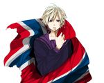  ahoge alternate_hairstyle axis_powers_hetalia bad_id bad_pixiv_id blonde_hair blue_eyes cross flag gori hair_ornament hairpin male_focus mouth_hold norway norway_(hetalia) norwegian_flag serious simple_background solo white_background wind 