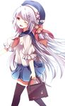  ;d anthiea bad_id bad_pixiv_id bag hair_ornament hairclip hat heart holding long_hair one_eye_closed open_mouth original red_eyes school_uniform silver_hair simple_background skirt smile solo star thighhighs white_background 