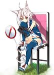  ahoge blue_legwear chair detached_sleeves feet_on_chair full_body grass knee_up koba leg_hug leg_up long_hair looking_at_viewer navel open_mouth original purple_eyes shoes sign sitting sneakers solo stop_sign thighhighs very_long_hair white_hair 