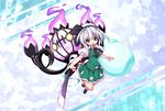  chandelure gen_5_pokemon glowing glowing_eyes green_eyes hairband konpaku_youmu konpaku_youmu_(ghost) open_mouth pokemon pokemon_(creature) pokemon_(game) pokemon_bw short_hair silver_hair sin6 skirt sword touhou weapon yellow_eyes 