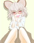  animal_ears bespectacled blush bra dress_shirt glasses grey_hair ishikkoro lingerie mouse_ears nazrin off_shoulder open_clothes open_shirt red_eyes shirt short_hair sitting sleeves_pushed_up solo strap_slip touhou underwear 