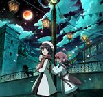  ahoge aqua_eyes bad_id bad_pixiv_id black_hair castle cat full_moon hat moon multiple_girls night original pink_hair yohsuke_(kanoto_yousuke) 