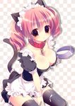  amanagi_seiji animal_ears apron bad_id bad_pixiv_id between_breasts black_legwear breasts cat_ears cat_tail chain checkered checkered_background cleavage collar dog_collar holding inu_x_boku_ss large_breasts maid maid_headdress milk pink_eyes pink_hair roromiya_karuta short_hair sitting solo tail thighhighs twintails waist_apron wrist_cuffs 