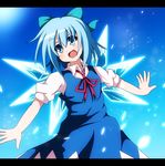  bad_id bad_pixiv_id blue_dress blue_eyes blue_hair bow cirno do_(4-rt) dress dress_shirt hair_bow letterboxed open_mouth outstretched_arms shirt short_hair solo touhou wings 