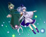  beam boots danmaku dress flying ghost_tail gradient gradient_background green_dress green_eyes green_hair grey_eyes hat japanese_clothes knees light lips long_sleeves looking_at_viewer mononobe_no_futo multiple_girls open_hand outstretched_arms parted_lips pom_pom_(clothes) ponytail ribbon short_hair silver_hair soga_no_tojiko takemoko tate_eboshi touhou wide_sleeves 