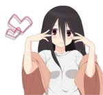  bangs black_hair blanket ekra hands heart komori_kiri long_hair red_eyes sayonara_zetsubou_sensei shirt simple_background smile solo t-shirt white_background 