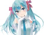  aqua_eyes aqua_hair asakaya bad_id bad_pixiv_id elbow_gloves gloves hair_ribbon hatsune_miku long_hair necktie ribbon simple_background solo twintails vocaloid white_background 