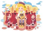  :d aka-kabuto_no_gema antenna_hair blonde_hair blush bow chibi clone closed_eyes drill_hair fang hair_bow happy heart long_hair magical_girl mahou_shoujo_madoka_magica multiple_girls open_mouth polearm red_eyes red_hair rosso_fantasma sakura_kyouko smile spear tomoe_mami translated weapon 