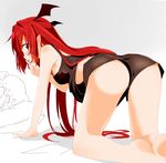  all_fours alternate_costume ass bare_legs bare_shoulders bent_over blush breasts camisole finger_to_mouth from_behind gochou_(atemonai_heya) head_wings koakuma long_hair medium_breasts patchouli_knowledge pillow pointy_ears red_eyes red_hair shorts shushing sketch solo touhou underboob very_long_hair 
