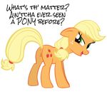  2012 anus applejack_(mlp) blonde_hair cutie_mark english_text equine female friendship_is_magic green_eyes hair horse looking_at_viewer my_little_pony open_mouth plain_background pussy smile transparent_background unknown_artist 