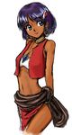  bare_shoulders blue_eyes bob_cut dark_skin earrings fushigi_no_umi_no_nadia hair_ornament hairclip head_tilt hoop_earrings jewelry light_smile loincloth looking_back midriff nadia navel neck_ring necklace pelvic_curtain purple_hair short_hair sketch solo strapless tubetop urara_(dt8) vest 