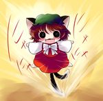  animal_ears blush brown_hair cat_ears cat_tail chen chibi hat highres looking_at_viewer multiple_tails open_mouth smile solid_circle_eyes solo tail touhou yume_shokunin 