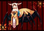  bare_shoulders breasts cleavage horns insect_girl japanese_clothes konshin large_breasts long_hair monster_girl original red_eyes smile solo spider_girl temari_(konshin) white_hair 