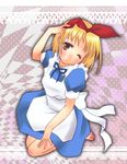  :o alice_(wonderland) alice_(wonderland)_(cosplay) alice_in_wonderland annaka_haruna apron barefoot blonde_hair bow cosplay dress frills fukiya hair_bow head_tilt looking_at_viewer nichijou one_eye_closed ribbon seiza short_hair short_sleeves sitting solo yellow_eyes 