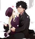  1girl black_eyes black_hair blonde_hair boots candy coat emiya_kiritsugu facial_hair fate/zero fate_(series) father_and_daughter feeding food hat illyasviel_von_einzbern lollipop long_coat long_hair necktie puffy_cheeks purple_hat red_eyes snow stubble toyokanko white_hair 