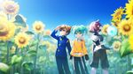  alpha_(inazuma_eleven) baggy_pants belt blue_eyes brown_hair day erian fei_rune fingerless_gloves flower gloves green_eyes green_hair headset highres inazuma_eleven_(series) inazuma_eleven_go inazuma_eleven_go_chrono_stone long_hair matsukaze_tenma multiple_boys pants purple_hair short_hair sky sunflower twintails 