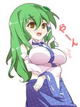  bad_id bad_pixiv_id blush breasts brown_eyes detached_sleeves frog_hair_ornament green_hair hair_ornament kochiya_sanae large_breasts long_hair shamo_(koumakantv) simple_background snake_hair_ornament solo touhou white_background 