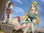  atelier_(series) atelier_ayesha ayesha_altugle blonde_hair bow brown_eyes brown_hair day dress green_eyes green_skirt jaga long_hair md5_mismatch multiple_girls nio_altugle ribbon shoes short_hair siblings sisters sitting skirt sky smile tree 